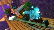 Blue Demon using his trident to hold a minecart as a shield