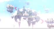 Several airships flying around the Adventure Realm in Annoying Villagers 55