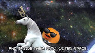 Orange as PSY riding a unicorn in outer space