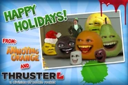 A photo of the Annoying Orange main characters and Thruster wishing a merry Christmas.