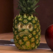 Pineapple watching in horror after Egg had fallen off the fruit cart