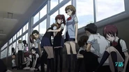 Takako with her classmates after their teacher kills himself. Tellingly, she's the only student not obviously horrified by this; in fact, she just seems irritated class has been interrupted.