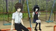 Mei and Kouichi hang out on a playground.
