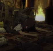 San pinned down by the chandelier.