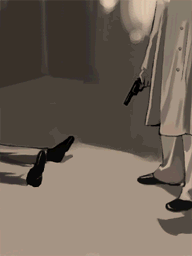 Memory from Louis's perspective. Danny (left) is laid on the floor, shot, while J (right) is standing above him, holding the gun that killed him.