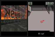 The notebook (Menu) button is missing, and the buttons along with area name are in opposite positions. The area name uses a different font, and also specifies the floor. The rooftop sign (Left) displays "HOTEL THE DUSK", which was changed in the final version.