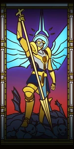 A stained glass mural of Gabriel seen in Limbo.