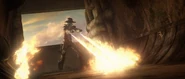 Cad Bane attempts to burn Fennec Shand with his dual flamethrowers.