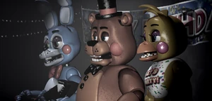 3NewAnimatronicsOnStage.png (879 KB) Toy Freddy with Toy Bonnie and Toy Chica.