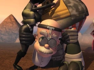 Professor Calamitous trying to push Beautiful Gorgeous and the Junkman away from each other, trying to tell them to stop kissing.