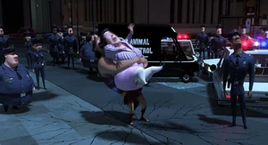 Grunion gets grabbed by King Agamemnon by the waist, thus receiving a taste of her own medicine for harming Sherman when she attempted to have him removed from Peabody's custody, almost executing Peabody by Animal Control and almost accidentally dooming the space-time continuum and gets taken to his timeline.