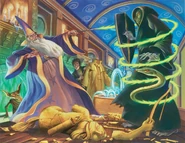 Pottermore depiction of Dumbledore and Voldemort's duel at the Department of Ministry of Magic.