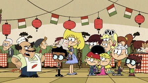 Lincoln, Clyde, and other sisters got punished by Giovanni.png (3.28 MB) Lincoln, Clyde, and presumably other sisters gets punished by the restaurant owner, Giovanni for knocking down his linguine dim sum and was forced to work with him in the kitchen to pay off the spilled food as punishment for breaking up the lovefest.
