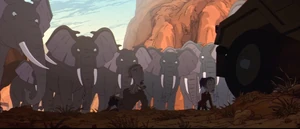 Bree and Sloan surrounded by the furious elephants just as the rangers arrive.