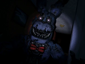 Nightmare Bonnie jumpscaring the protagonist at the Left Hall.