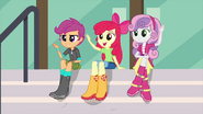 Scootaloo, Apple Bloom, and Sweetie Belle waving to Alfred