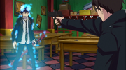 Yukio pointing a gun at Rin