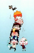 Kuro, Nemu, Konekomaru, Yukio, Ryuji, Rin, & Shiemi's chibis from the contents page