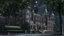 The Tunt Mansion at night.