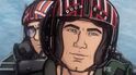 Archer in flight during Top Gun parody with Duchess as the callsign on his helmet