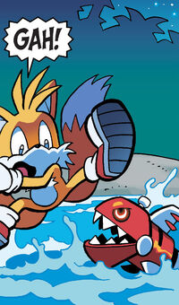 A possessed Pirahna attacks Tails.