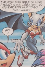 Rouge offering to fly Knuckles, as his return from the afterlife removed his powers