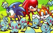 Sonic, Knuckles and Tails looking at a group of unevolved Chao.