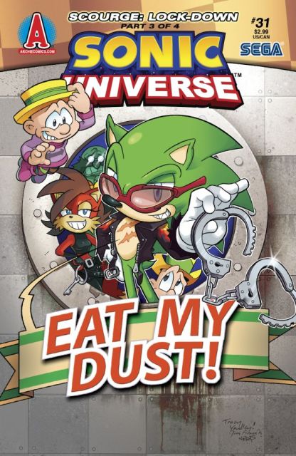 Imitates every action Sonic does to persue him further, and get's physically pissed off when those actions do nothing. (Boom Universe). ( Classic Universe) Comics) (Archie Comics), movie) Forced Mighty to give hima