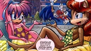 Julie-Su talking to Queen Sally while their husbands and kids play in the pool
