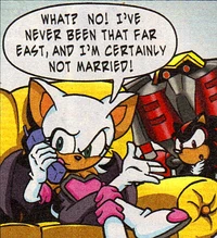 Rouge on the phone stating she's never been to the Dragon Kingdom while Shadow and Omega watch.