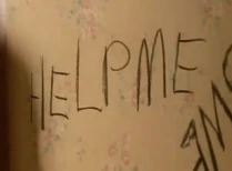 The ghost now out of the mirror writes her message the right way and it says" help me"