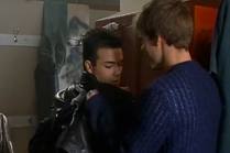 In the boys' locker room, Scot points out something rips a hole in his leather jacket