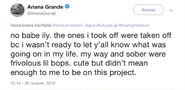 Ariana talking about My Way and Sober not being on the album on Twitter in May 2018