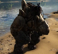 Un joueur chevauchant un Golem de pierre