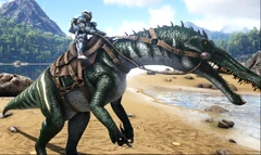 Un joueur chevauchant un Baryonyx