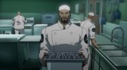 Black Spider disguised as a chef in the kitchen at Arkham Asylum