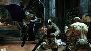 Batman fighting the Blackgate Prisoners in the Main Hall at the Arkham Mansion on Arkham Island.