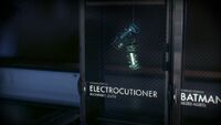 The Electrocutioner's display case in the Evidence Room at the GCPD Lockup in Arkham Knight
