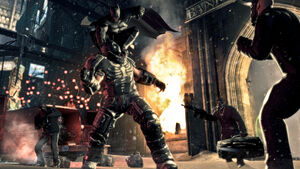 An Armored Henchmen fighting Batman in Arkham Origins.