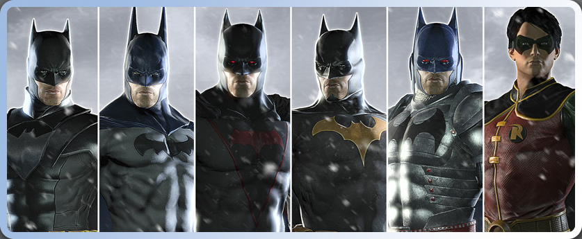 Batman Arkham Origins costumes line up  Batman arkham origins, Batman  arkham, Batman arkham city