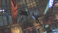 Batman uppercutting Penguin into the air at the Iceberg Lounge in Arkham City.