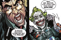 Joker tying the Mayor to a bomb at Gotham City Hall