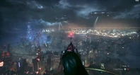 Batman overlooks Gotham City from high above.