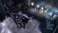 Batman using the Smoke Bomb to escape from Joker's Henchmen at the Church Medical Center in Arkham City.