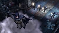 Batman using a Smoke Pellet on four of Joker's Henchmen at the Church to escape to a Vantage Point.