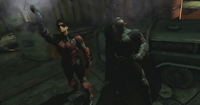 Batman and Robin using their Grapnel Guns in the Multiplayer of Batman: Arkham Origins.