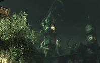 Poison Ivy's Titan-enhanced plant on the Clock Tower at the Arkham Mansion