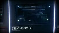 Deathstroke's display case in the Evidence Room at the GCPD Lockup in Arkham Knight