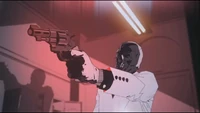 Black Mask about to shoot the technician