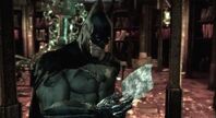 Batman discovering Dr. Young's Notes on the Titan Formula in the Library at the Arkham Mansion